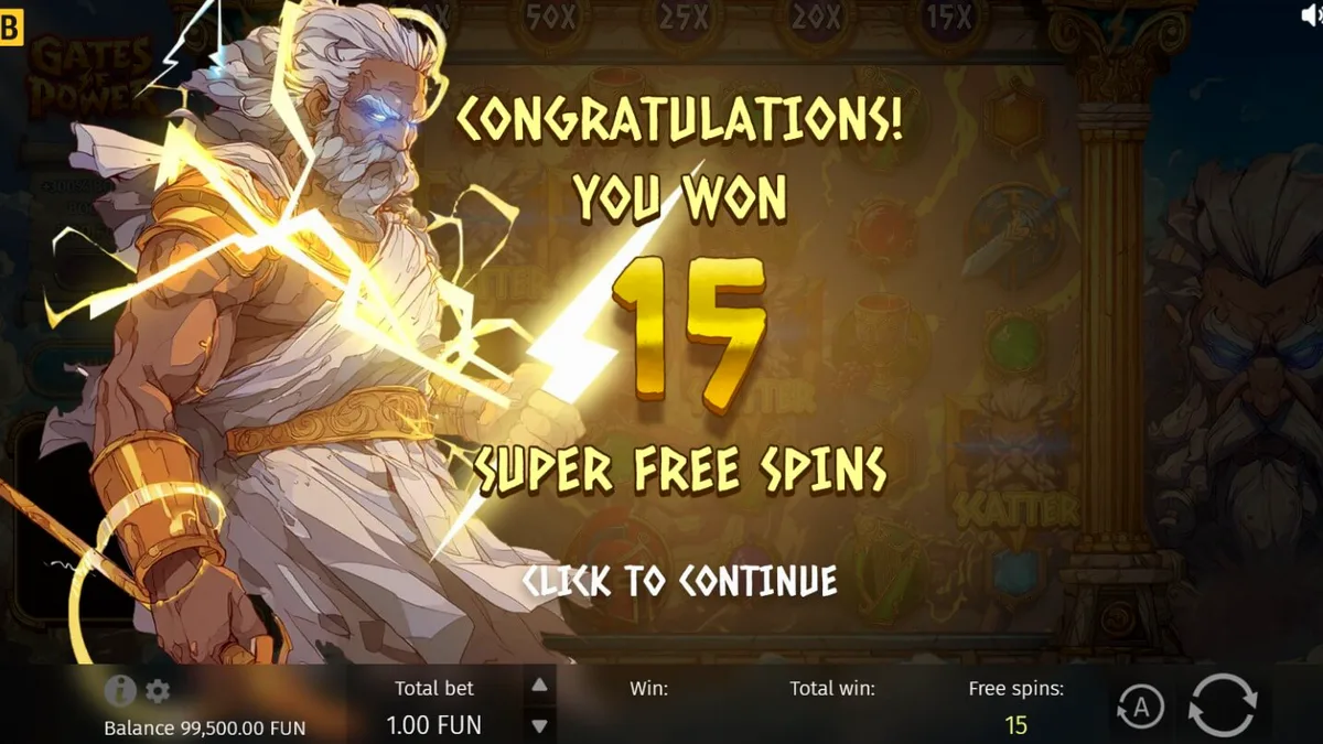 Pemandangan gerbang Olympus dalam slot Gates of Power dengan nuansa petir dan emas